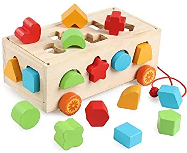 DalosDream Wooden Shape Sorter Educational Preschool Toddler Toys - Classic Push Pull Truck Recognition Color Geometry Learning Toys for Kids 1,2,3,4,5 Years Old Boys and Grils Gift Idea (Shape)