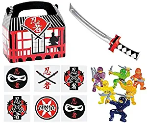 144 pc Ninja Warrior Kid's Party Favor Bundle Pack (12 Treat Boxes, 12 Inflatable Swords, 48 mini figures toys, 72 tattoos)