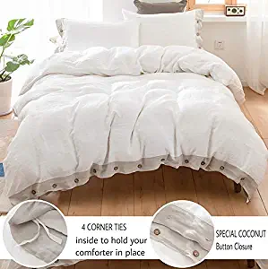 Simple&Opulence 100% Washed Linen Duvet Cover Full-3 Pcs Solid Natural Flax Bedding Set(1 Comforter Cover+ 2 Pillowcases)-Farmhouse Comforter Set with Coconut Button Closure-White with Grey Border