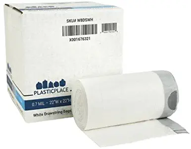 Plasticplace 8 Gallon Drawstring Trash Bags │ White Garbage Can Liners 0.7 Mil │ 22" x 22" (200 Case)